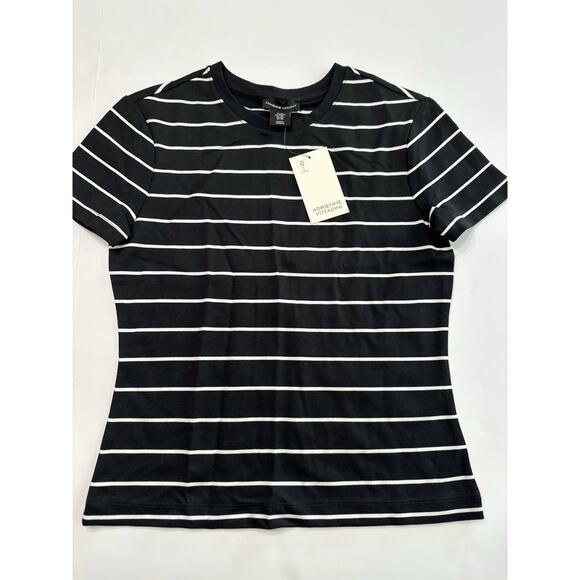 Adrienne Vittadini Knit Top Womens XS White Black Stripe Shirt Crew Neck NWT - Picture 1 of 5